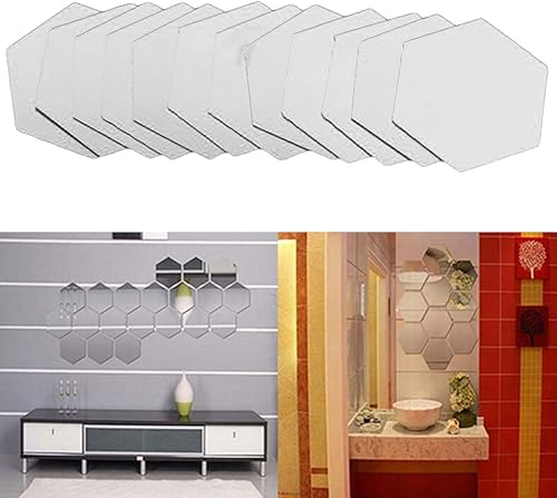 Miniatura 1 de fublousRR5 Pegatinas de pared de espejo, 12 piezas hexagonales autoadhesivas efecto espejo de pared, decoración de sala de estar, color plateado,