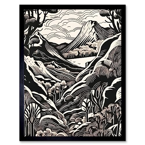 Artery8 Forest Mountain Landscape Black and White Linocut Art Print Framed Poster Wall Decor 12x16 inch