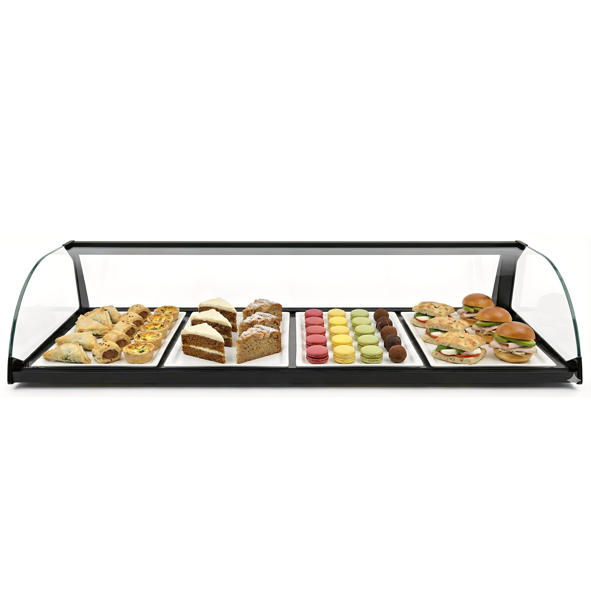 MBH - Vitrina Expositora Neutra de Sobremostrador 84 cm, Cristal Curvo Templado, 1 Piso, sin Iluminación LED, con Puertas Traseras Correderas, para Bar, Cafetería, Restaurante, Bollería y Repostería.
