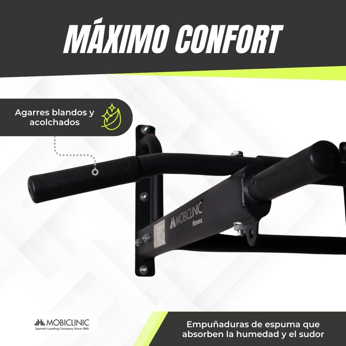 Mobiclinic®, Barra dominadas, Kit de anclaje incluido, Apto para saco boxeo, Asas antideslizantes, Pared, Hasta 250 kg, Multifuncional, Calistenia, Gimnasio en casa, K2
