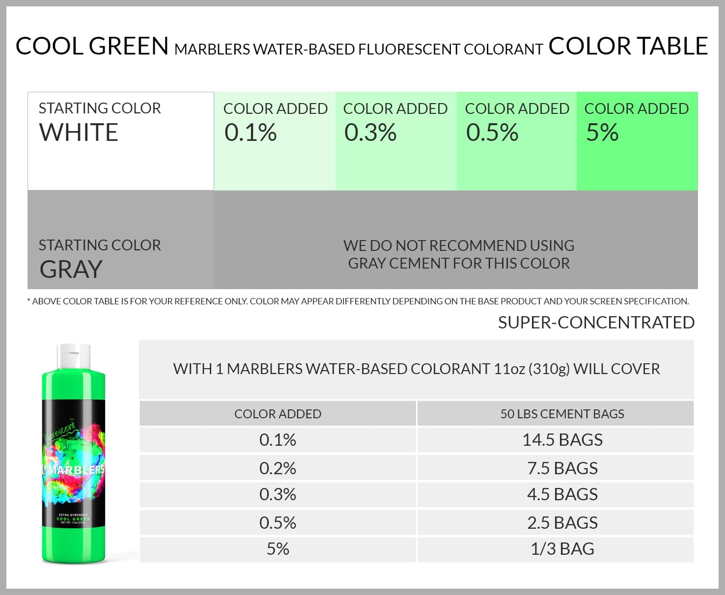 MARBLERS Fluorescent Water-Based Liquid Pigment [Cool Green] 11oz (310g) | Neon Colorant for Concrete, Cement, Plaster, Grout, Gypsum & Paint