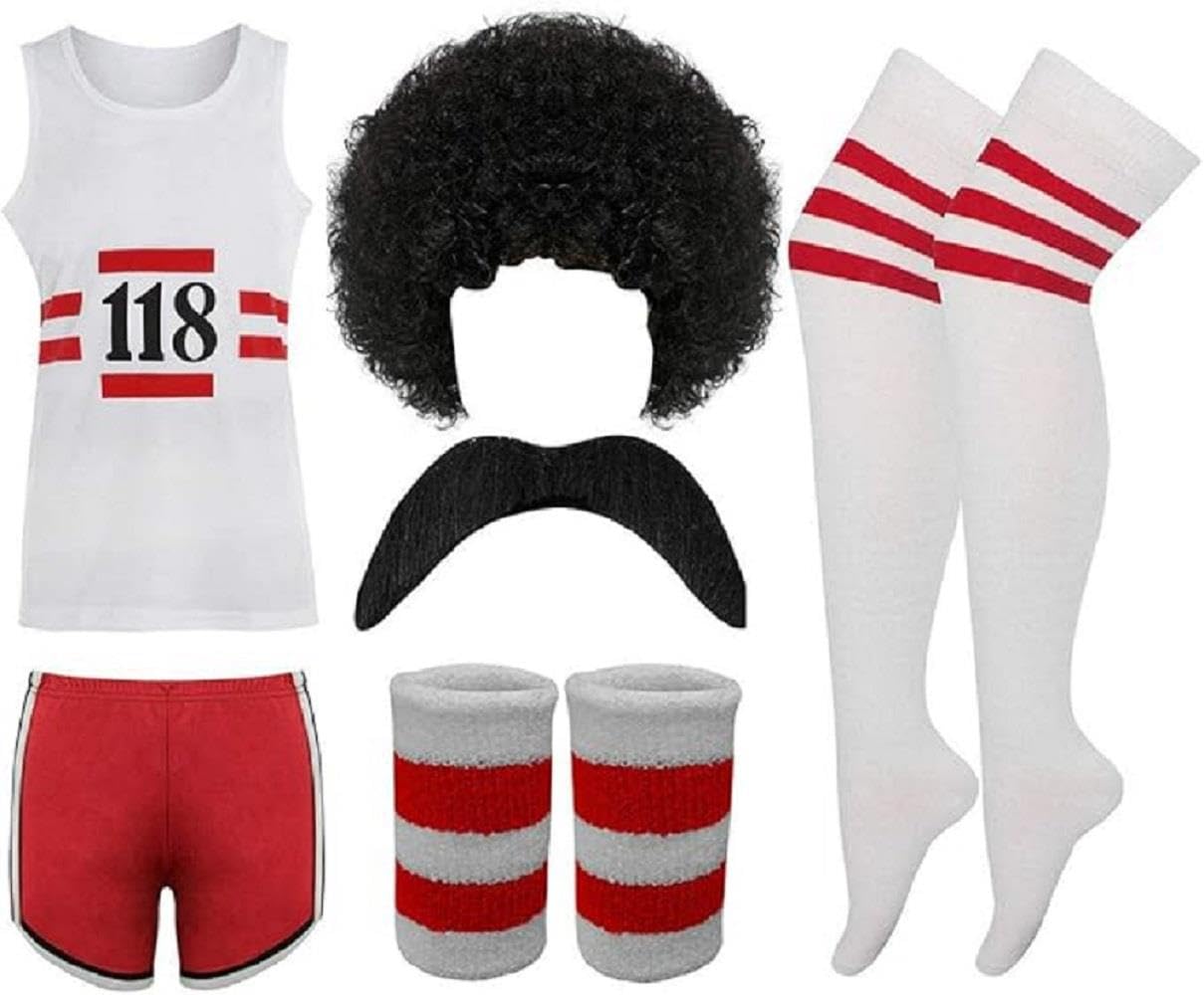 RIDDLED WITH STYLE 118 Costume Set Mens Ladies Fancy Dress Retro Marathon Outfit Includes Vest, Shorts, Wig, Tash, Wristbands Ideal for Stag Do & Events Size UK Small to X-Large