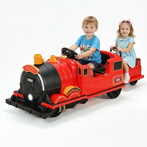 TLSUNNY Tren eléctrico sin rieles de 12 V con batería para niños con carro desmontable, almacenamiento adicional, luces y música, juguete de 4