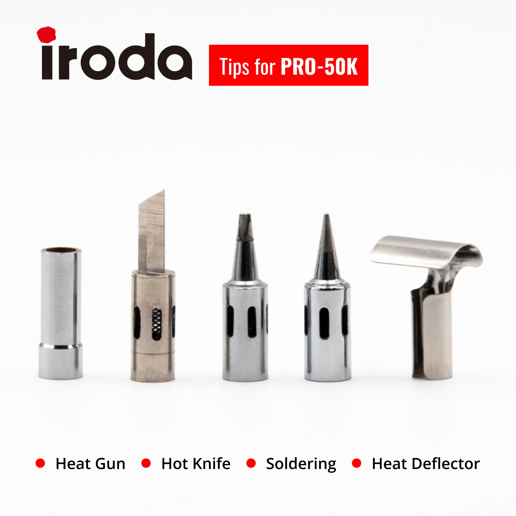 Iroda Solderpro - Juego de puntas de soldadura de repuesto de 50 K para soldador de butano, incluye punta cónica, punta de cincel, punta de cuchillo caliente, soplador de calor, deflector