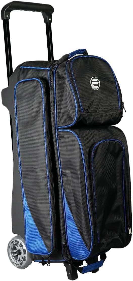 ELITE Deluxe 3 Ball Roller Bowling Bag with 5" Smooth Wheels - 4 Large Accessory Pockets, Shoe Compartment, Extendable Handle - USB Charging Port