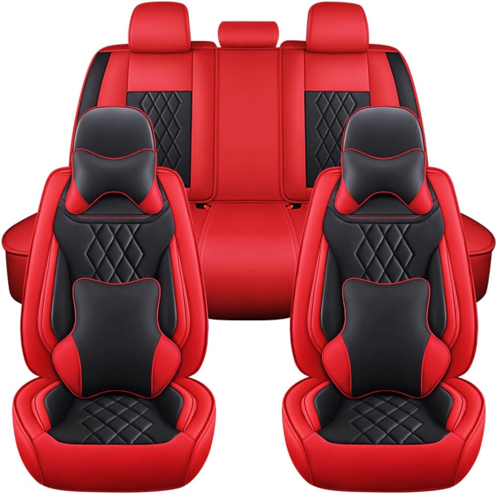 5 Seat Cover for Toyota Camry Hybrid 2007-2024,Napa Leather Car Seat Covers,Waterproof Soft Car Seat Covers,Airbag Compatible Seat Protector(Deluxe Black+Red)