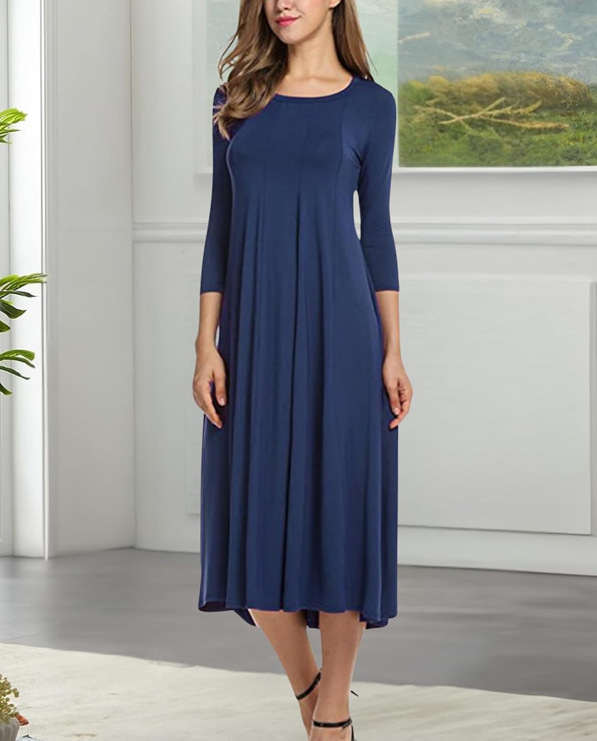 Women's 3/4 Sleeve Midi Dress Basic Casual Round Neck Solid Comfortable Summer Dresses for Women - Image 4