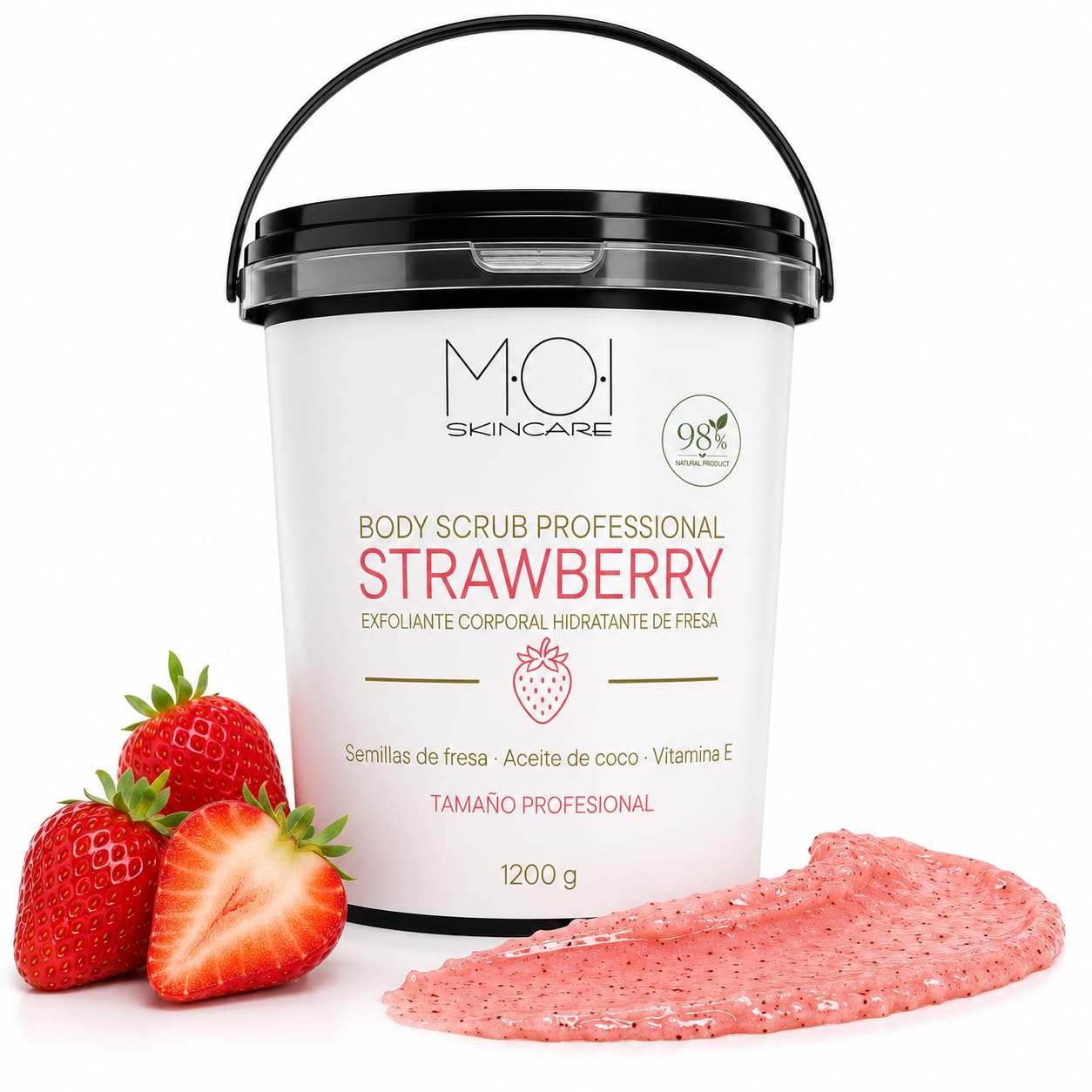 MOI Profesional Strawberry Body Scrub 1200 g – Exfoliante Corporal Hidratante de Fresa con Semillas Naturales, Aceite de Coco y Vitamina E | Piel Suave y Nutrida para Uso Profesional | Tamaño Grande