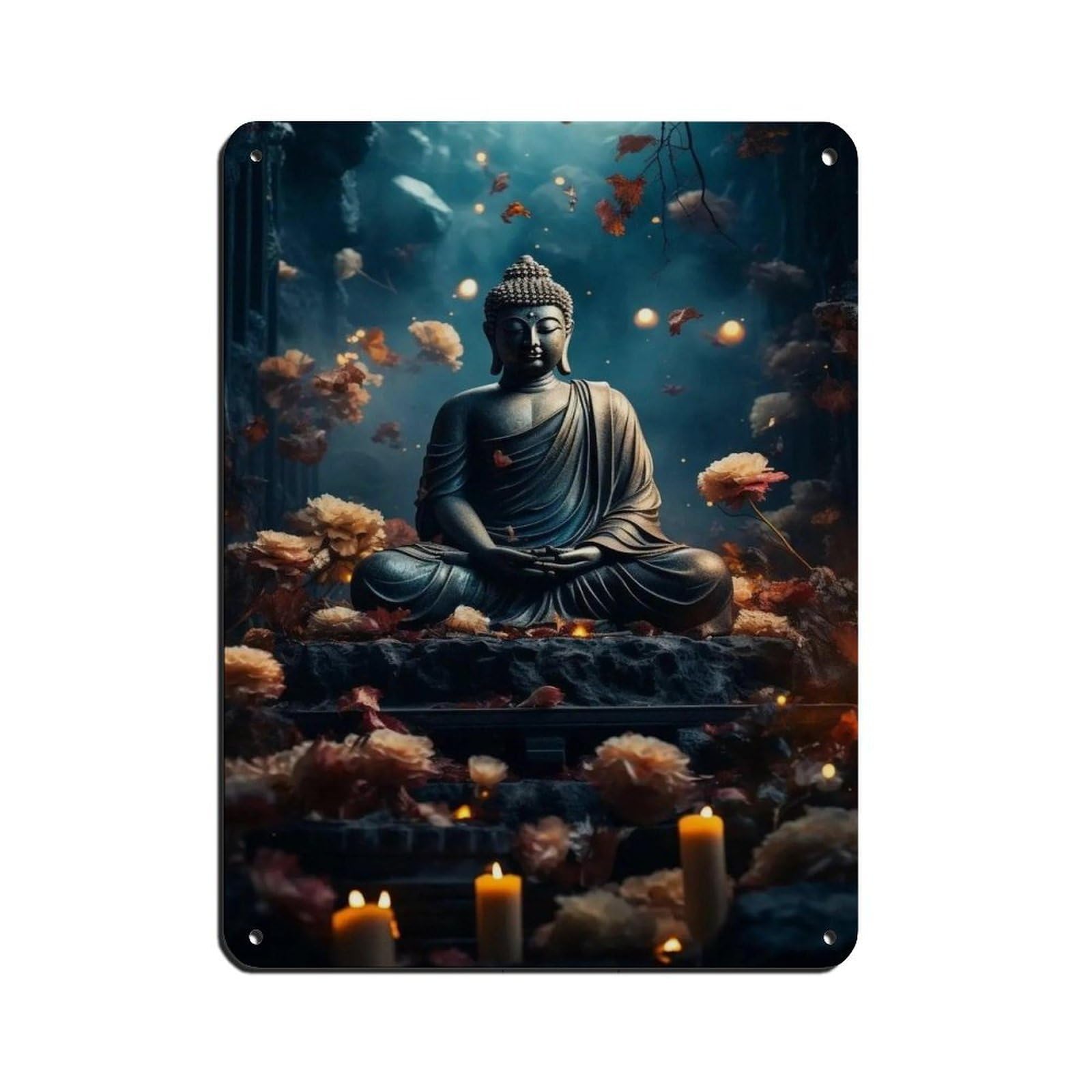 Illuminated Buddha Amid Flowers– Tranquil Zen Retro Poster Metal Tin Sign Chic Art Retro Iron Painting Bar People Cave Cafe Family Garage Poster Wall Decoration 12x16inch(30x40cm)