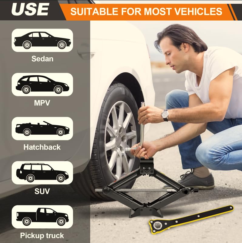 Cric losange pour voiture, SUV, monospace, capacité de charge de 2 tonnes, acier de haute qualité, poids 2 kg, hauteur maximale 39 cm, hauteur minimale 11 cm, clé hexagonale incluse