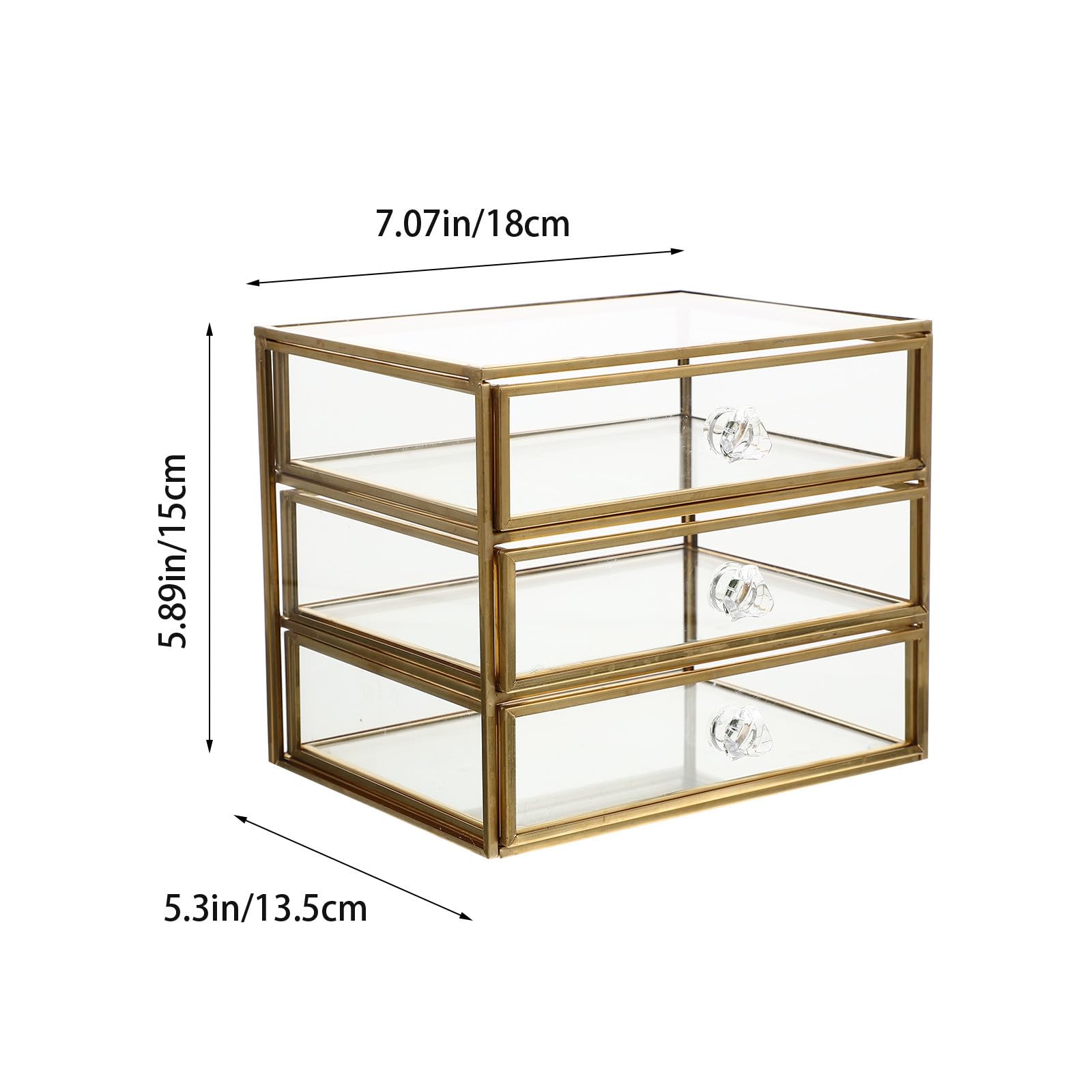 Estuche de Almacenamiento de Maquillaje Estructura de Aleación y Vidrio Diseño Transparente 3 Niveles Cajones Dorado para Joyas y Cosméticos