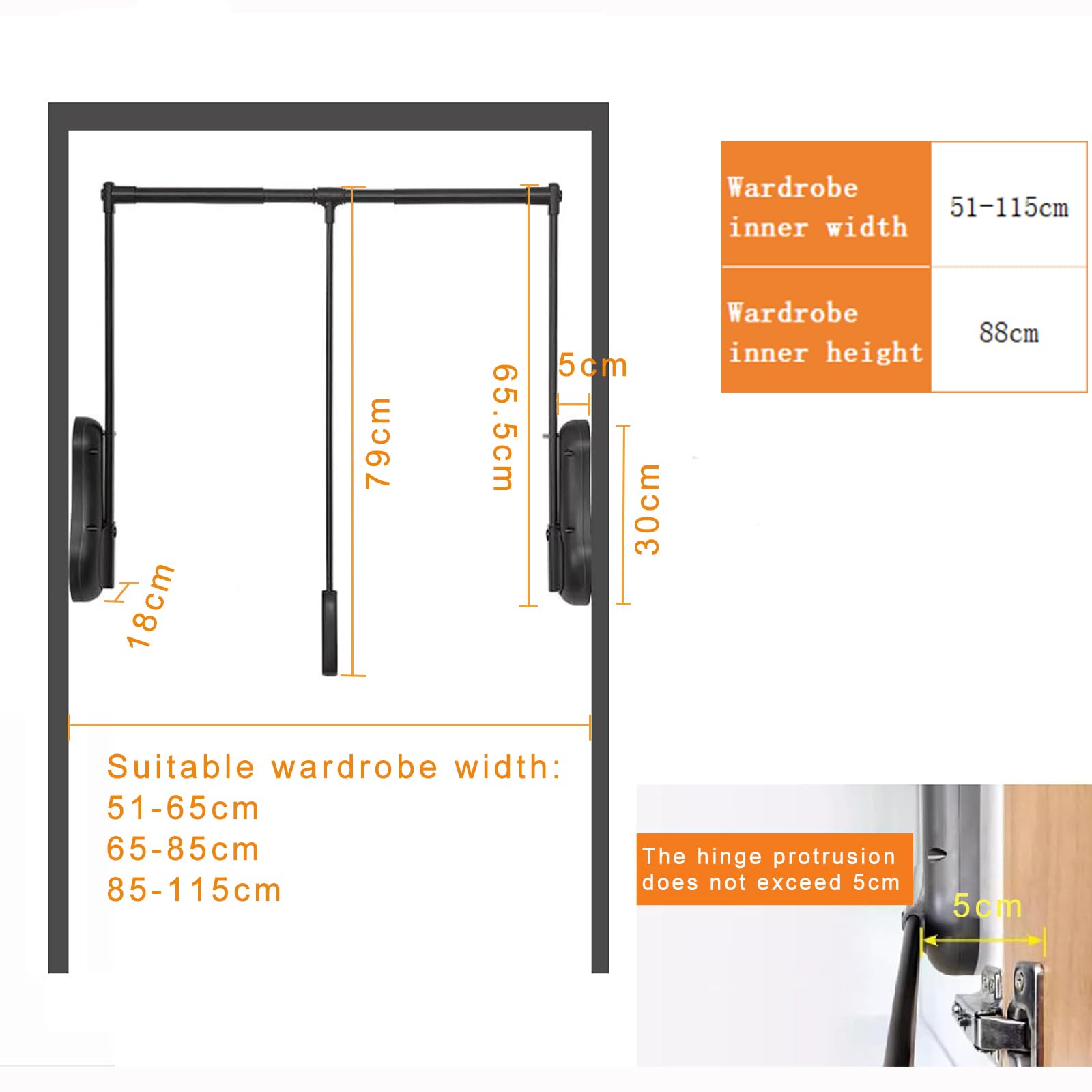 Elevador de Ropa Plegable Para Guardarropa, Aluminio, 85-115 cm | aluminio , carga 20 kg, sistema de doble amortiguación, ancho ajustable, para pared, cierre suave y ahorro espacio