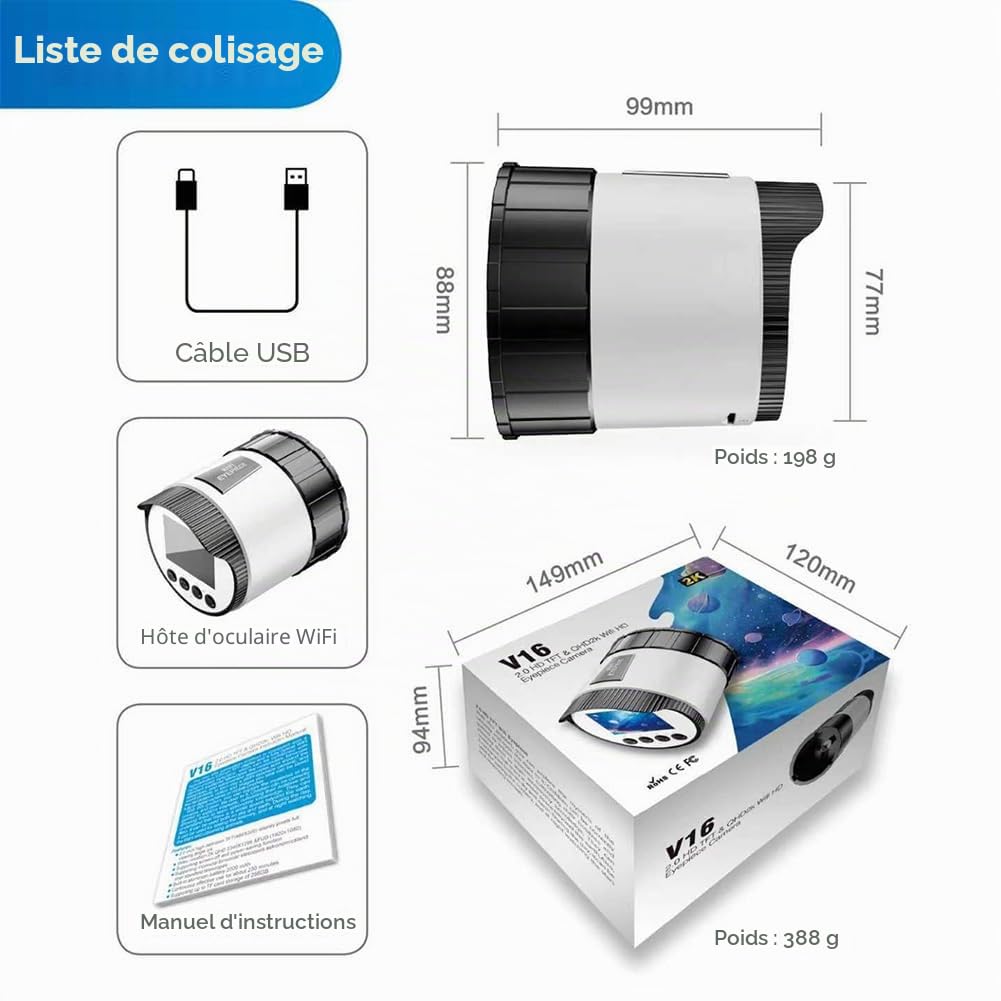 Caméra oculaire électronique WiFi, écran HD 2 Pouces, pour télescopes, Jumelles, etc. avec oculaire de 38 à 73 mm de diamètre – autonomie de 150 Min, Stockage jusqu'à 256 Go (Carte TF Non Incluse)