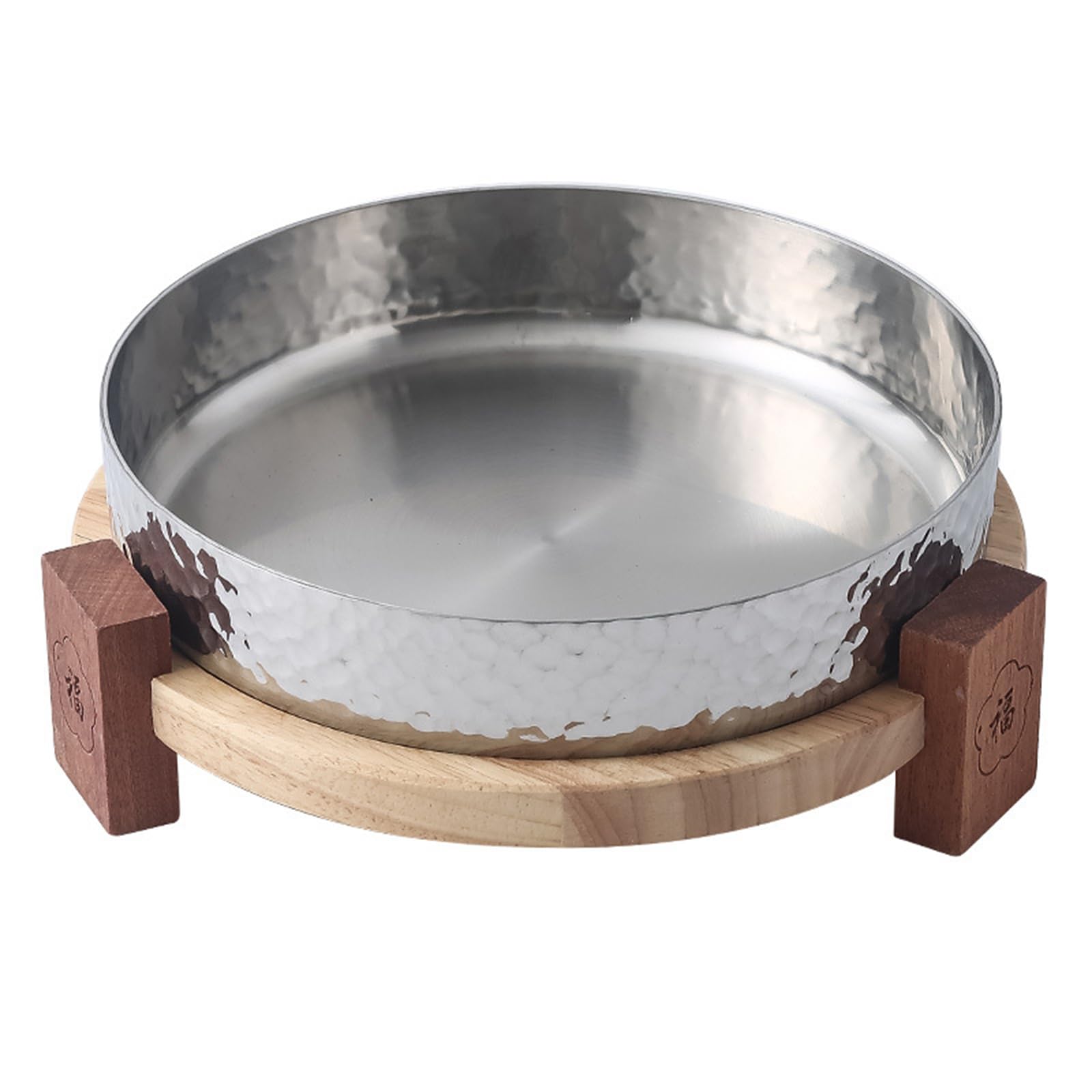SVRITE - Platos redondos de acero inoxidable 304 con base de madera, 18/20/22/26 cm, platos de metal para ensalada de carne para servir platos de sushi, sartenes para cocina comercial en el hogar (20