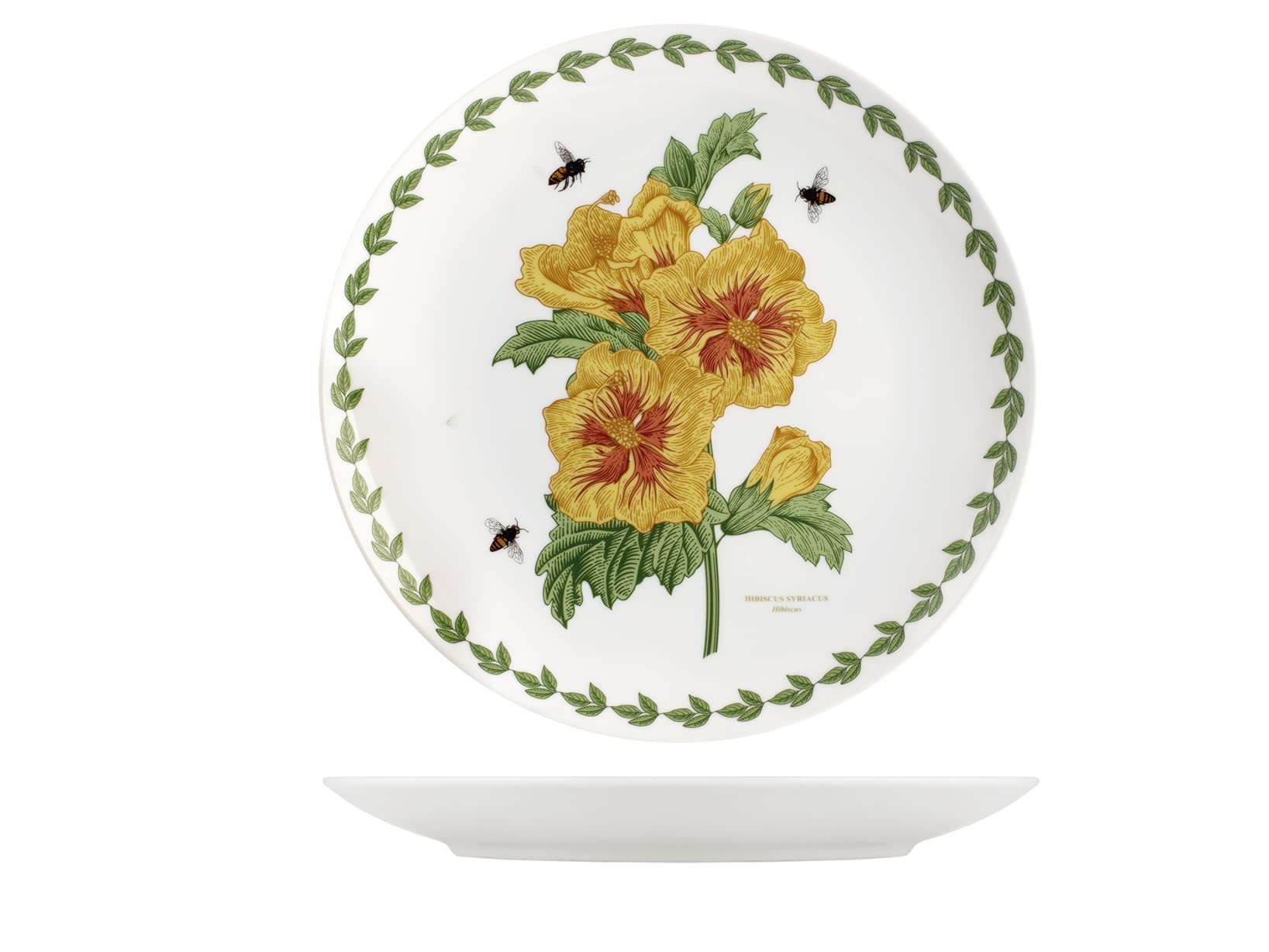 H&H Set di 6 Piatti Piani, Flowers, in Porcellana, 27 cm, Bordo Decorato in Verde con Illustrazioni Botaniche Assortite, Lavabili in Lavastoviglie e Adatti al Microonde