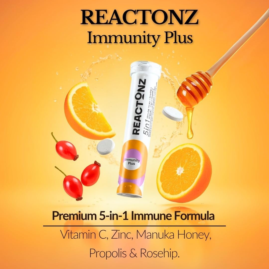 5 in 1 Immunity Plus – Immune Support & Antioxidant Supplement – Vitamin C, Zinc, Manuka Honey, Rosehip & Propolis – Natural Zesty Orange Flavor – 60 Day Supply Effervescent Tablets - Image 2