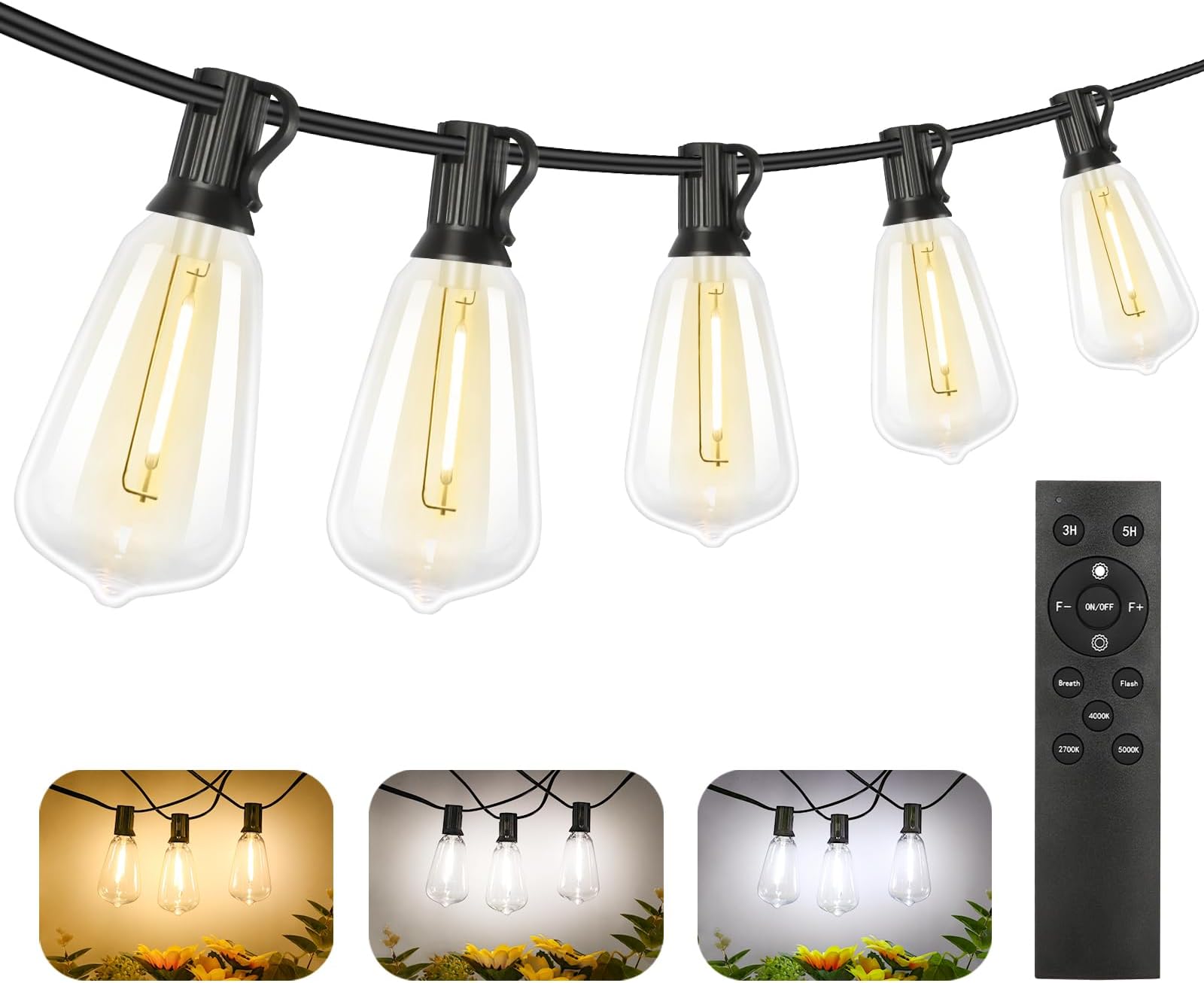 Brightever 150FT Outdoor Lights with Remote, 2700K/4000K/5000K Selectable LED String Lights for Outside with 75+2 ST38 Shatterproof Edison Bulbs, 3 Modes Dimmable Waterproof Hanging Lights for Patio
