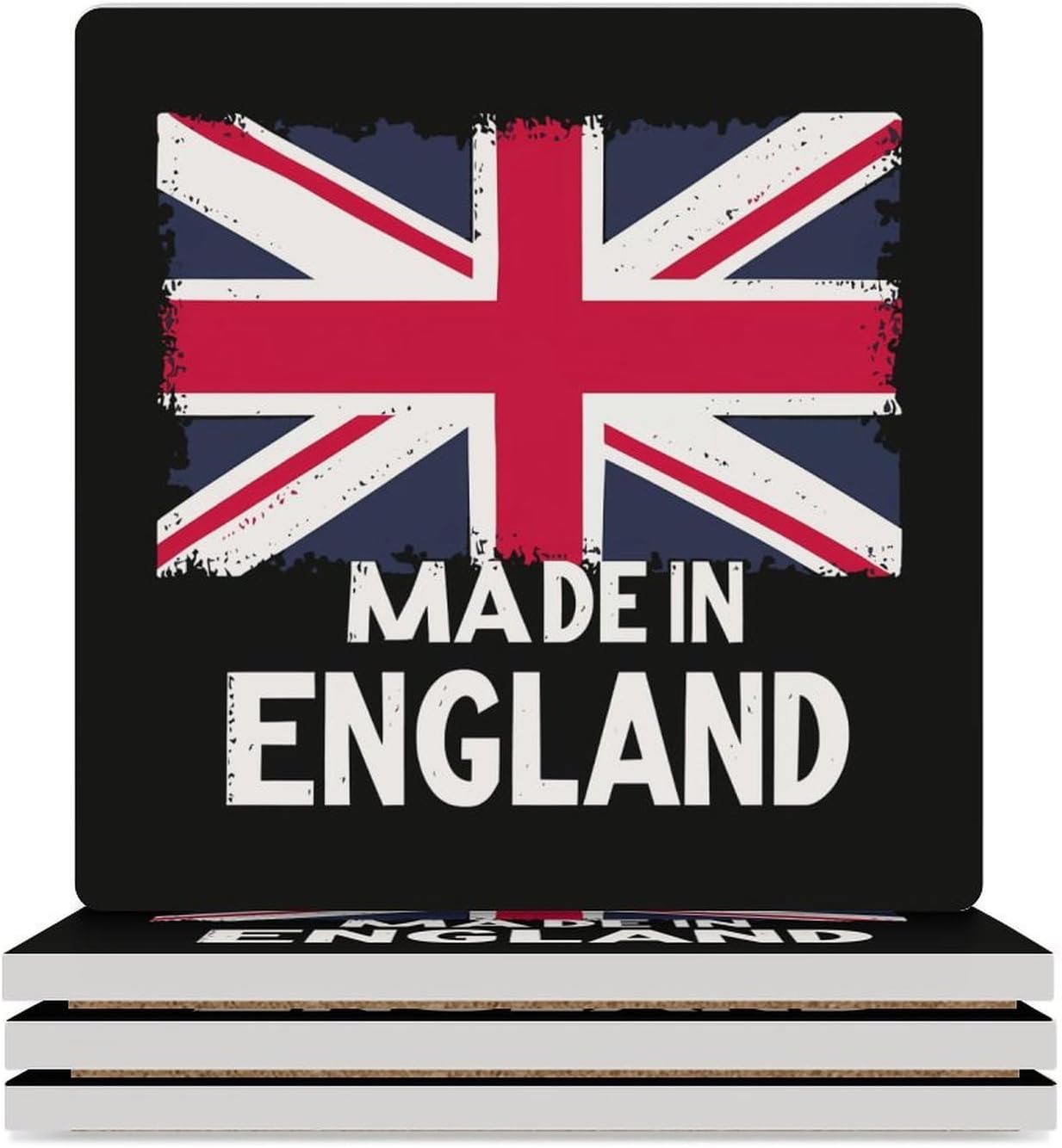 Made in England British Flag Union Jack Coasters for Drinks Square Ceramic Coasters Cup Mats with Cork Base
