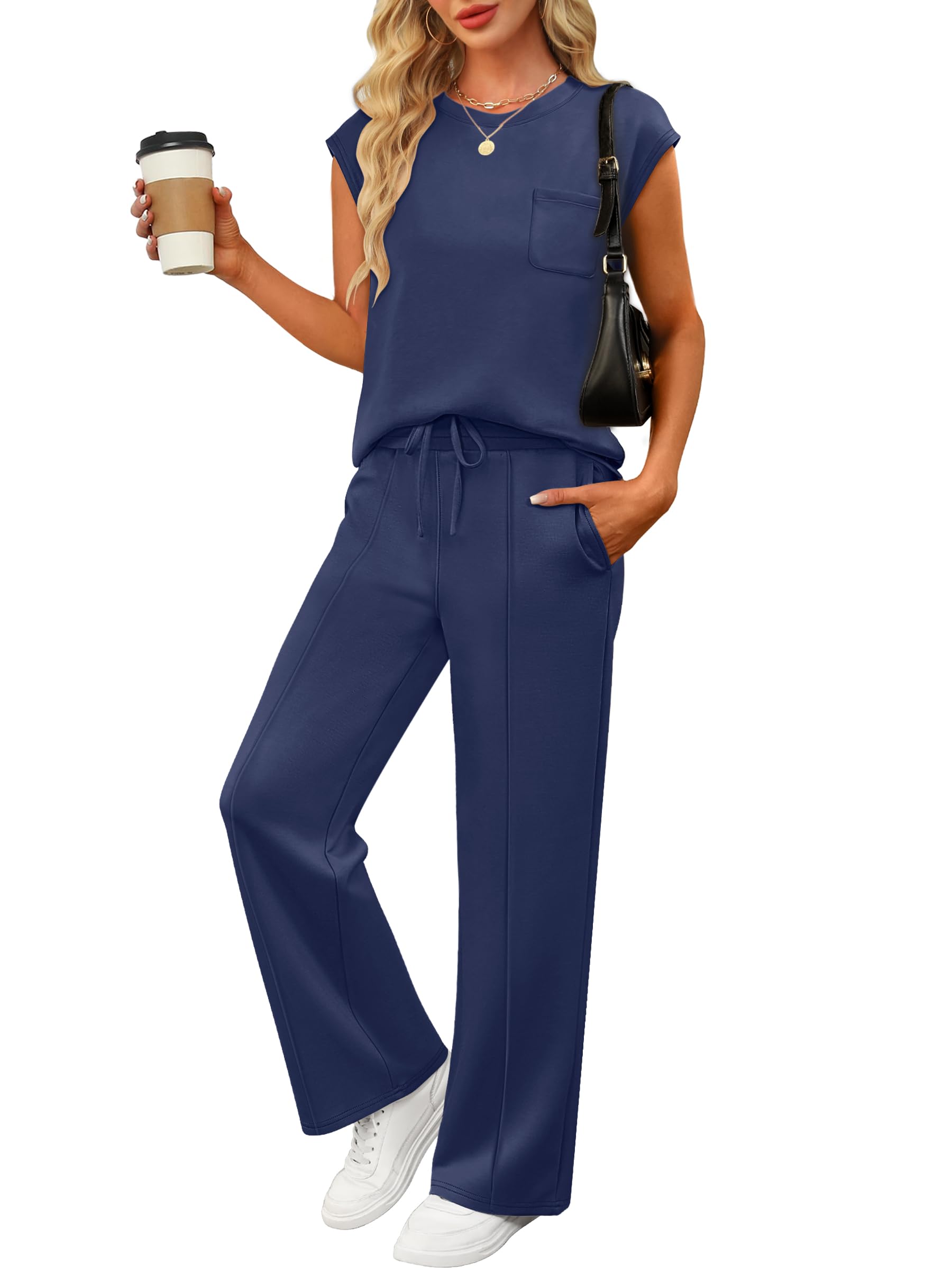 ANRABESS Two Piece Sets for Women Summer Sleeveless Sweatsuits Wide Leg Casual Lounge Set Matching Vacation Travel Outfits