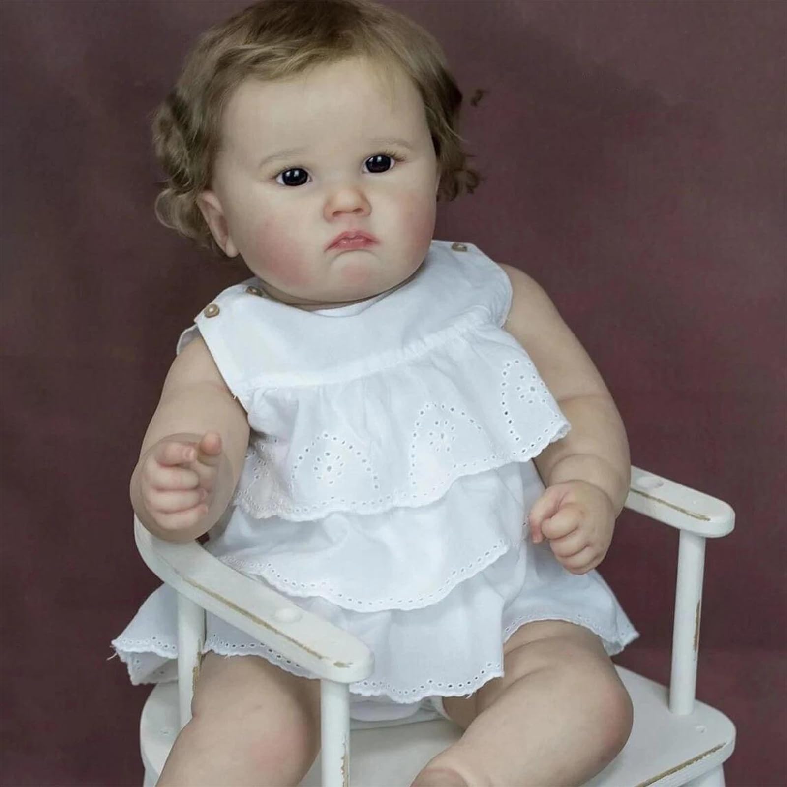 Bambole Reborn 50 cm Bambole Realistica con Corpo in Cotone Morbido, Vestito Bianco Ricamato e Capelli Ricci, Regalo e Oggetto da Collezione per Bambini dai 3 Anni in su(senza il peluche dell'orsetto)