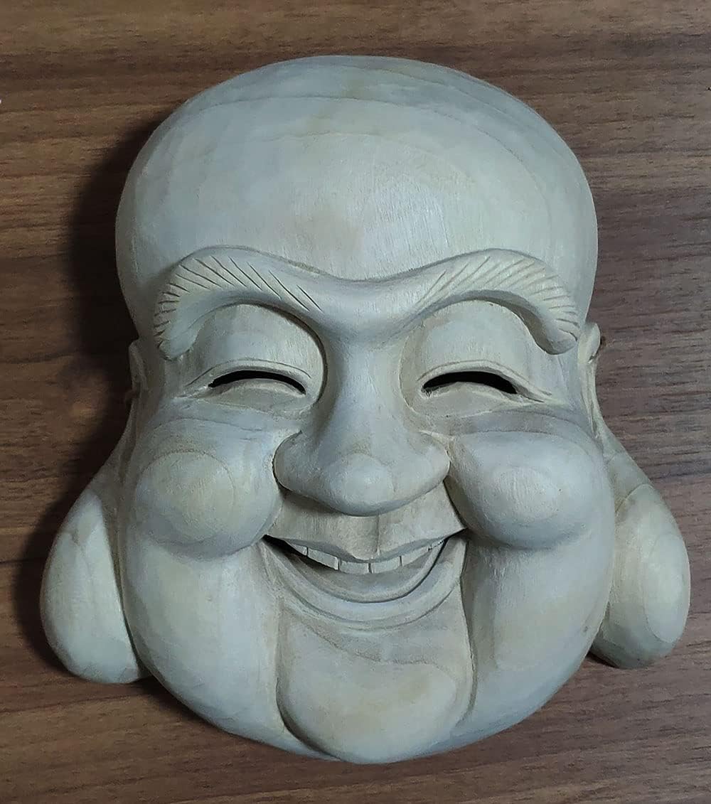 QH031 - 20x18.5x8 cm Hand Carved Camphor Wood Japanese Noh Buddha Mask