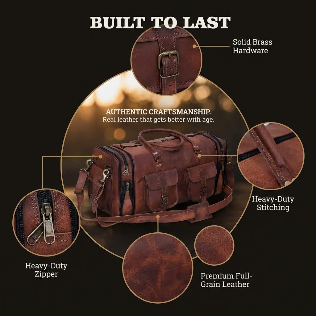 Weekender Leather Duffel Bag Overnight Women Men Girls Boys Vintage Travel Duffle with Shoulder Strap Carry On Sports Gym 20 Inch Handmade Leather Luggage Carryall Cool Gifts for Him by Cureo