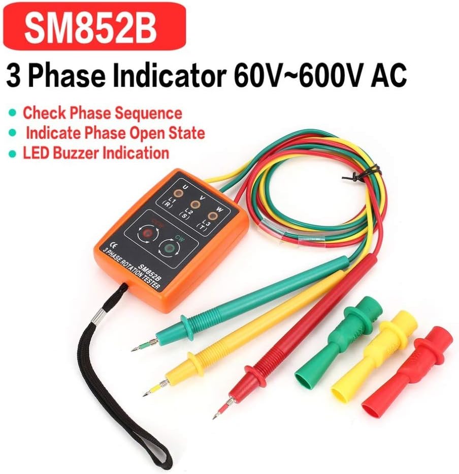 SM852B 3 Phase Rotation Tester Digital Phase Indicator Detector LED Buzzer Phase Sequence Meter Voltage 60V~600V