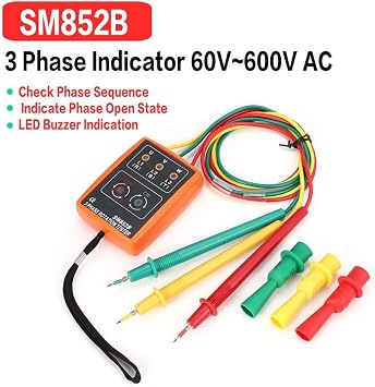 SM852B 3 Phase Rotation Tester Digital Phase Indicator Detector LED Buzzer Phase Sequence Meter Voltage 60V~600V