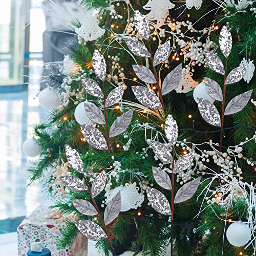 15 Pieces Christmas Artificial Glitter Leaf Decorations 13.4 Inches Christmas Picks Spray Poinsettia Floral Leaf Accessories Winter Wedding Vase Fillers Christmas Wreath Diy Crafts Decor (Silver Grey) #TOP6
