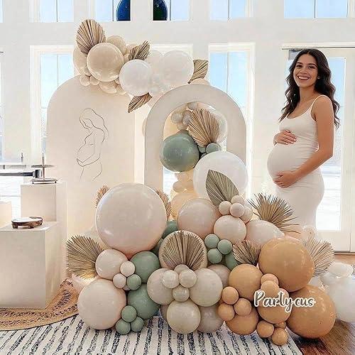 Miniatura 6 de Guirnalda de globos de color verde polvoriento, doble relleno, color marrón rubor, crema, arena, blanco, neutro, mate, kit de arco de globos para