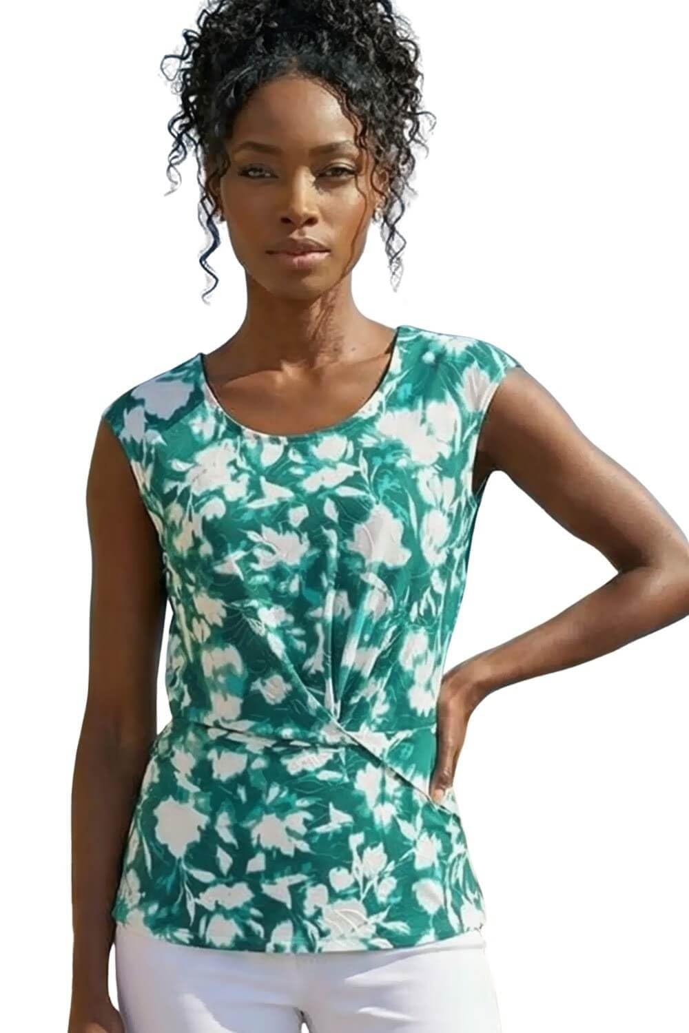 Roman Originals Women's Turquoise Animal Print Stretch Twist Detail Top For Uk - Everyday Holiday Spring Summer Round Neckline Comfy Soft Evening Vacation Work Party - Size 20