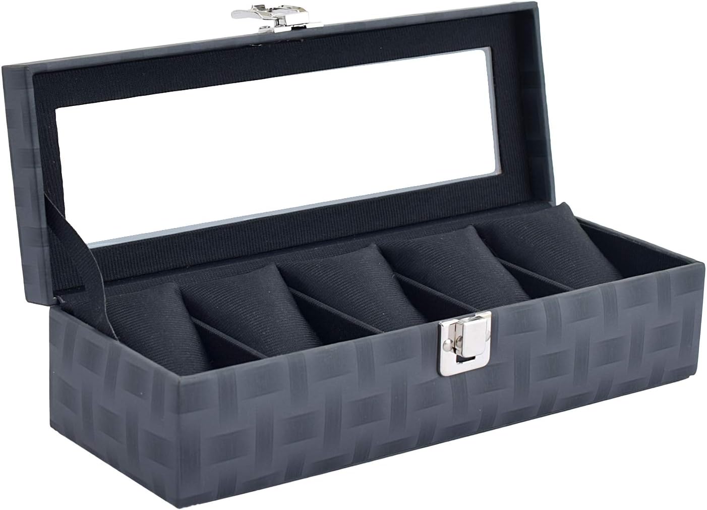 PU Leather Black Colour Check Finish Transparent Watch Box for 5 Watches
