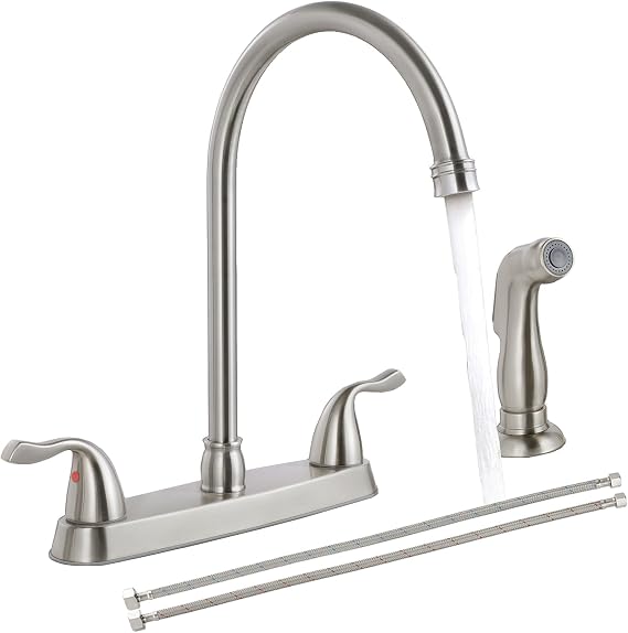 SHACO Kitchen Faucets, 13 Inch High Arc Kitchen Sink Faucet with Side Sprayer, 2 Handle 8 Inch Centerset Sink Faucet with Supply Line, 360 Rotating Spout 3 or 4 Hole Mount, Brushed Nickel, SC-KF201