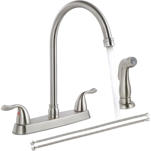 SHACO Kitchen Faucets, 13 Inch High Arc Kitchen Sink Faucet with Side Sprayer, 2 Handle 8 Inch Centerset Sink Faucet with Supply Line, 360° Rotating Spout 3 or 4 Hole Mount, Brushed Nickel, SC-KF201