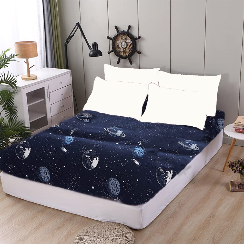 JQWUPUPPlanet Microfiber Single Fitted Bed Sheet, Galaxy Space Fitted Sheet Deep 30cm for Single Bed 90x190cm