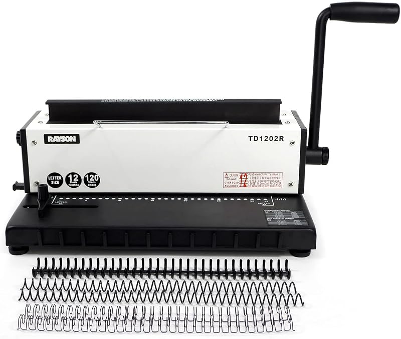 RAYSON TD1202R 3:1 Wire Binding Machine, 12-Sheet Punch, 120-Sheet Capacity | 32 round holes for Letter-size sheets; compatible with 3:1 wire, spiral coil, and click binding spines.
