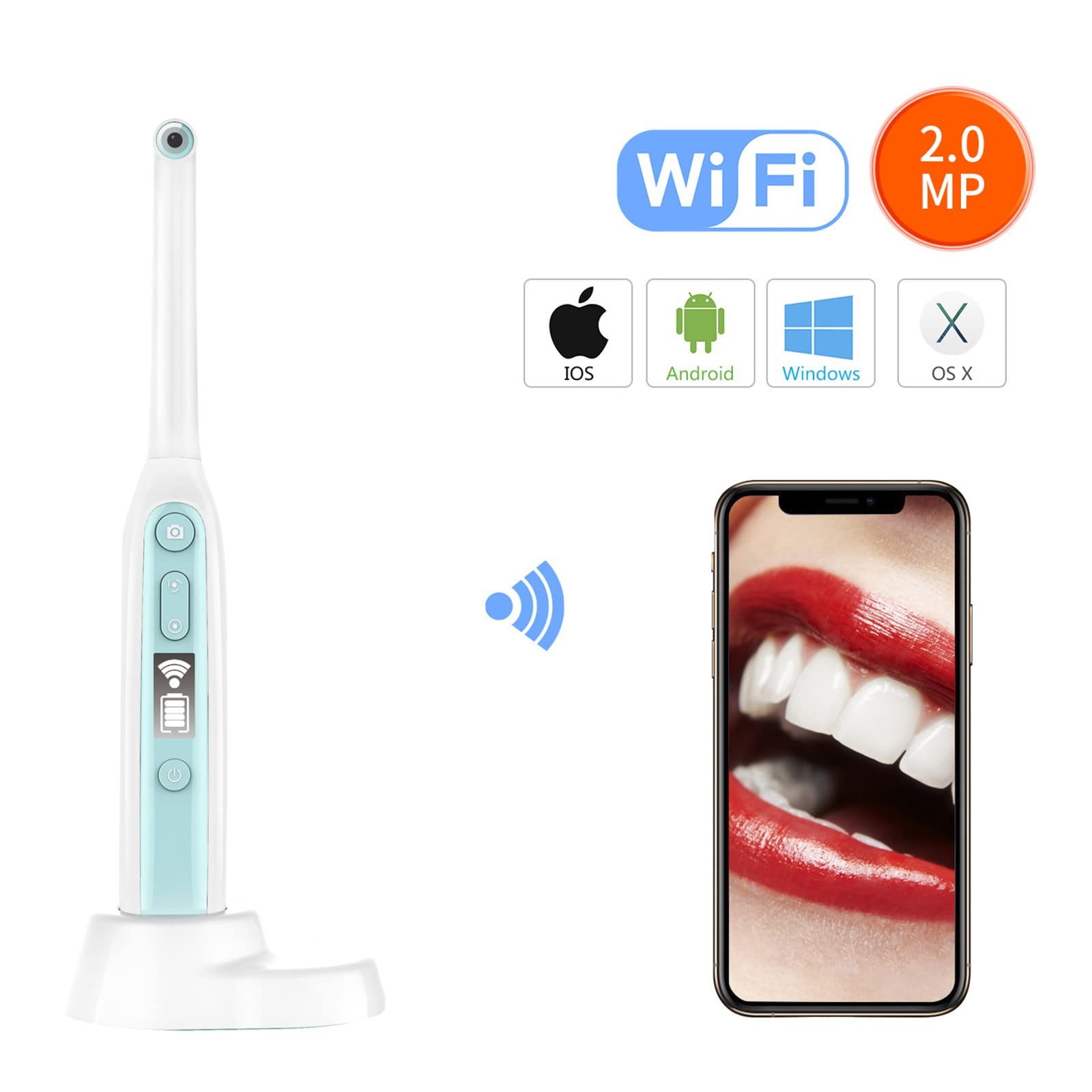 Telecamera Orale Dentale, Endoscopio Intraorale Wireless Endoscopio Orale 8 Rilevatore Impermeabile LED Regolabile Bocca Dentale per iOS/Androide/Tablet