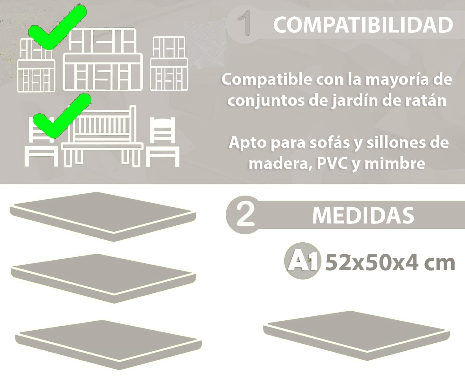 HAND 2 Cojines de Exterior de 52 x 50 cm, para sillas de jardín, Asiento Acolchado, Suave y Resistente, Cojines para Muebles de Exterior, 100% algodón, Fabricado en Italia (Crudo)