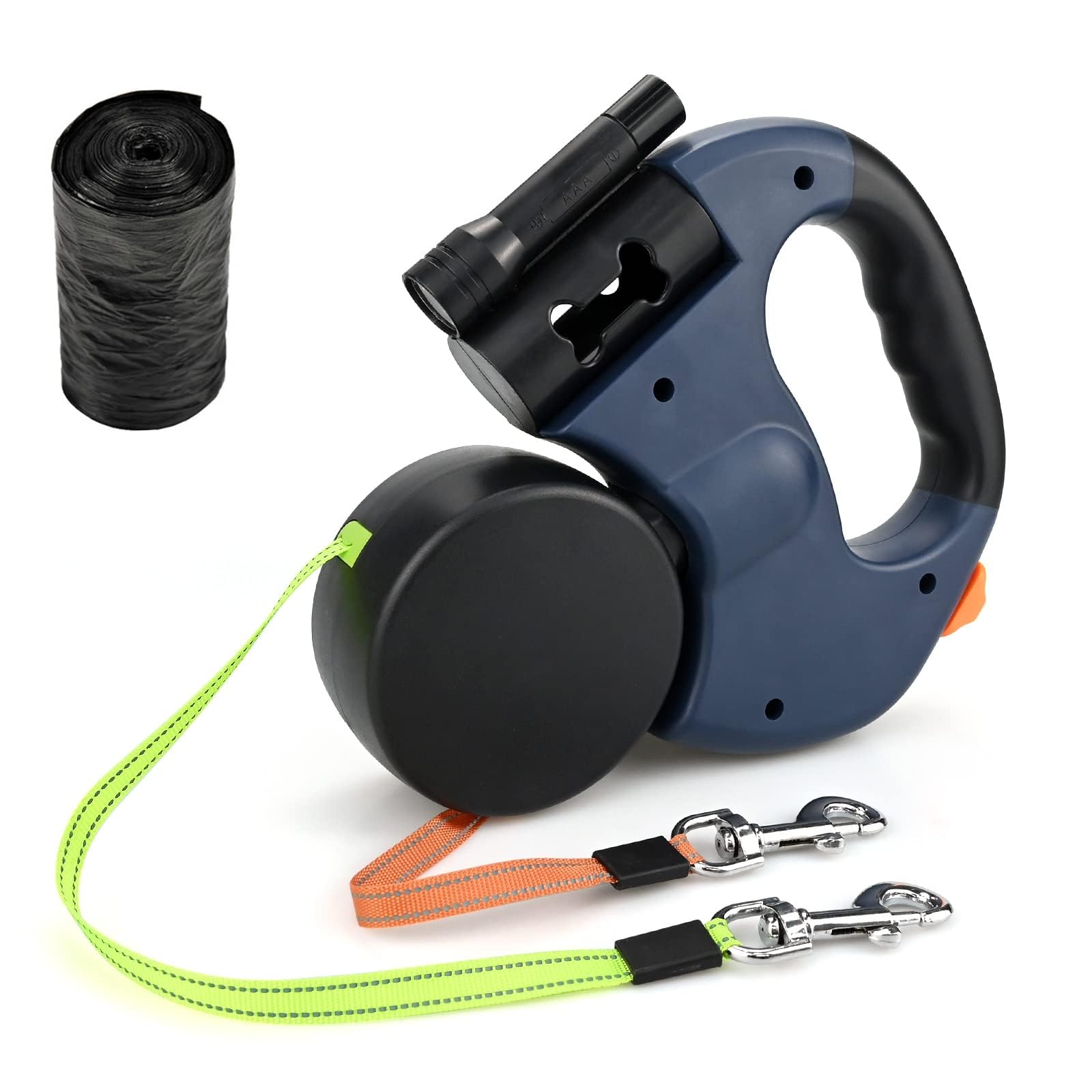 3M Double Retractable Dog Lead - Double Dog Lead, Heavy Duty Strong Dual Dogs Lead, 360° Rotating Anti-Tangle Design with LED Torch & Poop Bag Dispenser & Garbage Bag for Walking 2 Dogs (Blue)