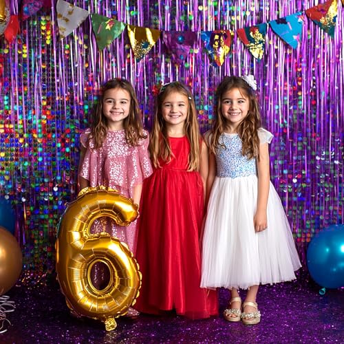 Image of 4 Packs Purple Foil Fringe Curtain, Purple Glitter Metallic Tinsel Backdrop for Birthday, Wedding, Baby Shower, Princess Bachelorette Christmas New Year Party Decorations Supplies
