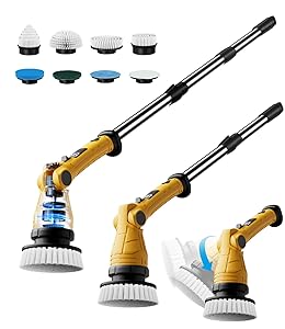 Electric Spin Scrubber with 8 Replaceable Brush Heads 6 Adjustable Angle Waterproof LED Display Cordless Cleaning Brush Supplies Bathroom Cleaner Set Long Handle Power Scrubber for Shower Floor Tub