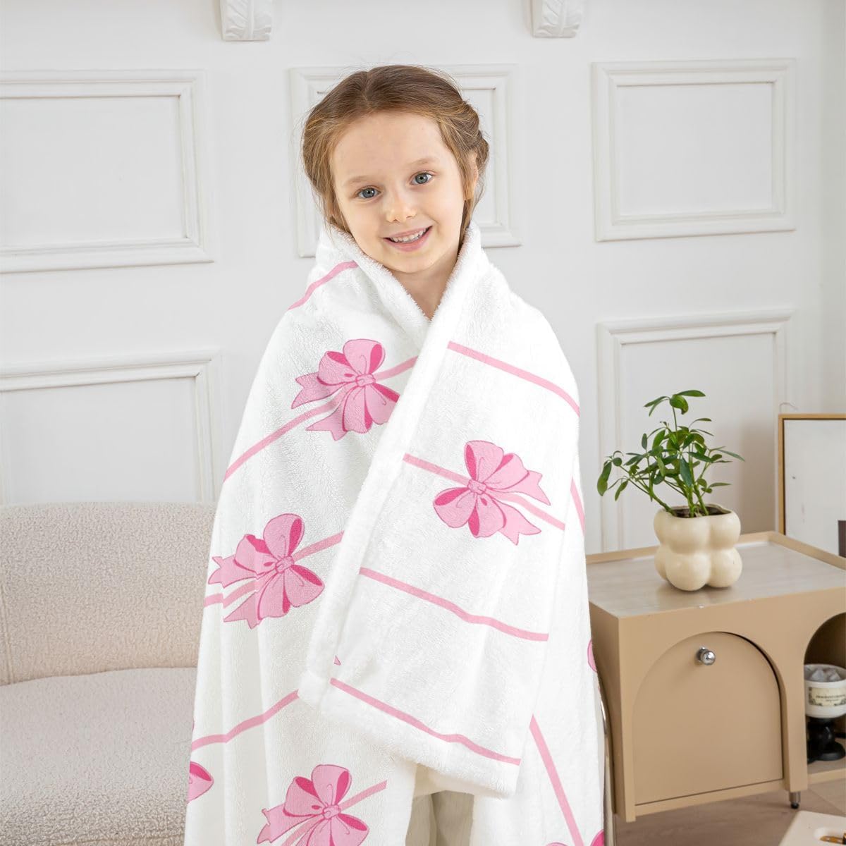 Feelyou Pink Bow Fleece Throw Blanket Cute Bowknot Sherpa Blanket for Kids Women Men Plush Fuzzy Coquette Queen 90"x90" Aesthetic Bowknot for Bed Couch Chair Living Room Princess Style Bedroom Decor image 2
