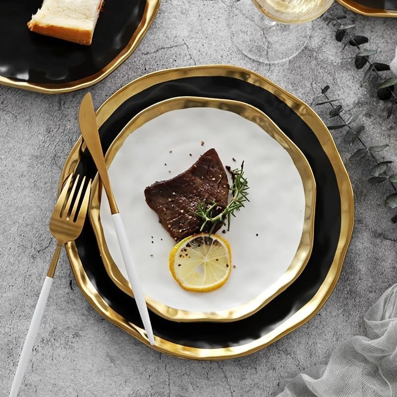 Ceramic Tableware 1/2pcs Gilt Rim Black Porcelain Dinner Plate Set Nordic Ceramic Plate Salad Dessert Christmas Plates Full Set of Tableware,Black Big