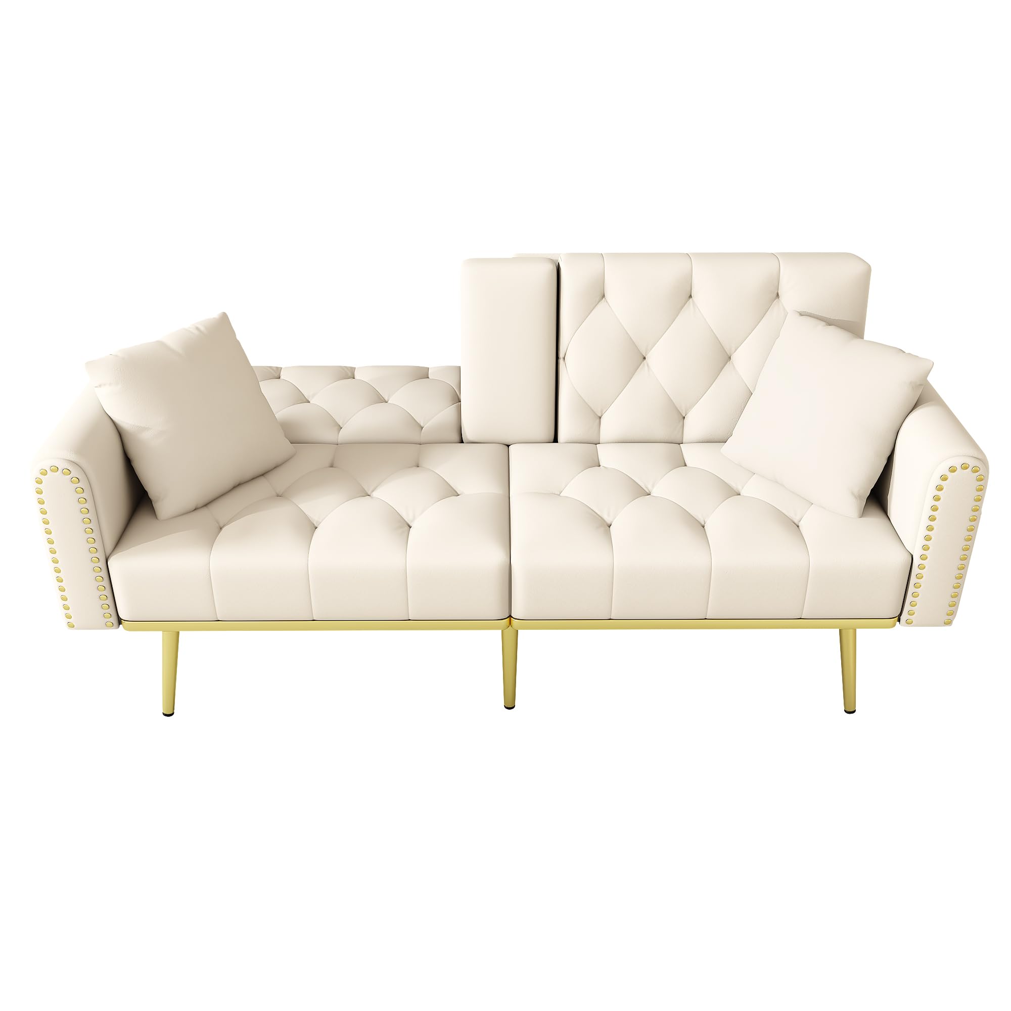 Divano letto doppio pieghevole, beige, 80 x 180 cm, con funzione sdraio, tre angoli di inclinazione regolabili e portabevande, adatto per soggiorno, camera da letto, camera degli ospiti