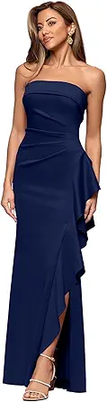 Xscape Women's Strapless Ruffle Slit Floor Length Dress