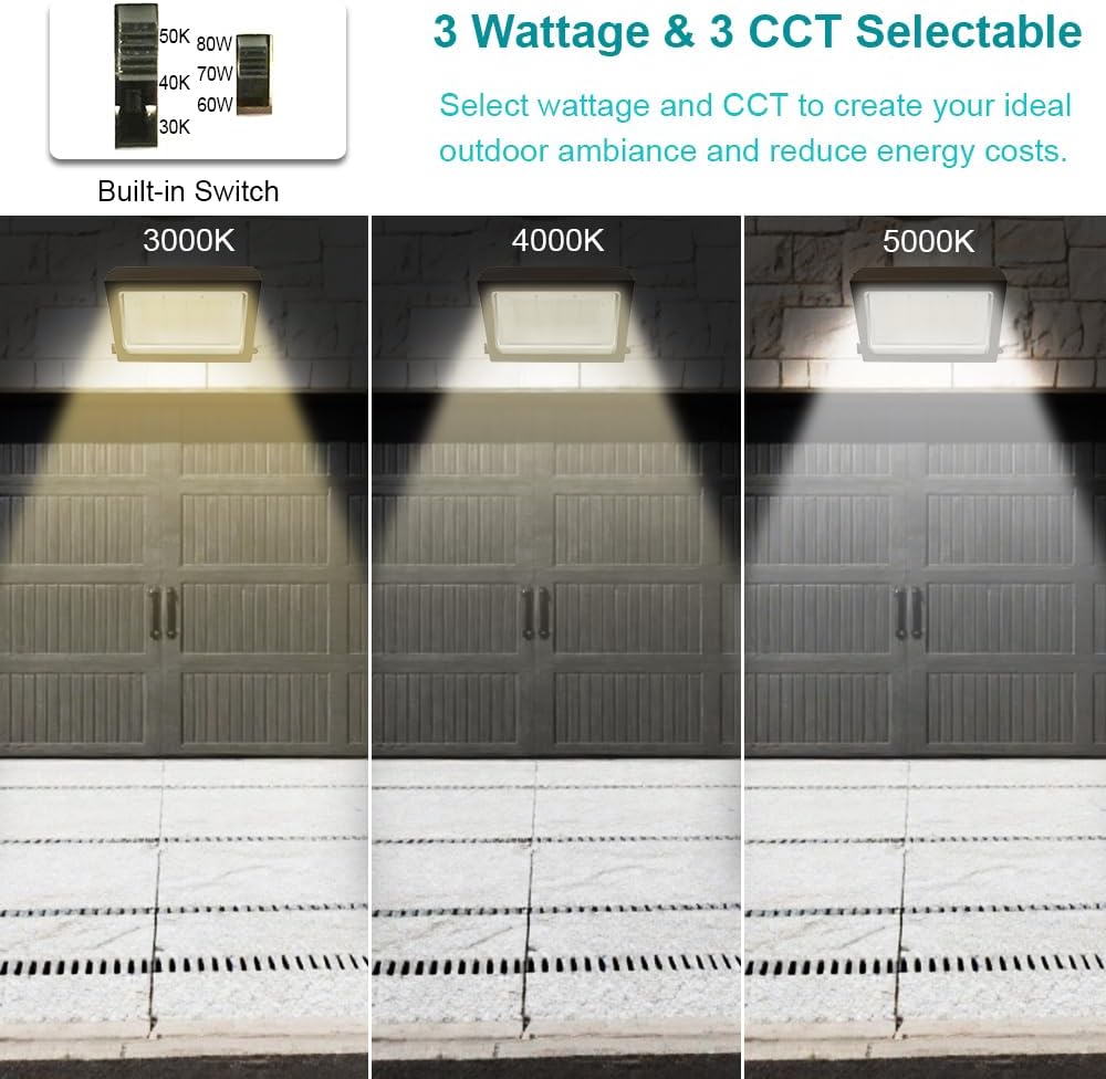 60W & 80W LED Wall Pack Light 3000K 4000K 5000K 3CCT/Watt 0-10V Dimmable 9000LM & 12000LM Photocell Security Lights Dusk Dawn Outdoor Patio Lights for Porch Farm Barn LED Garage Light