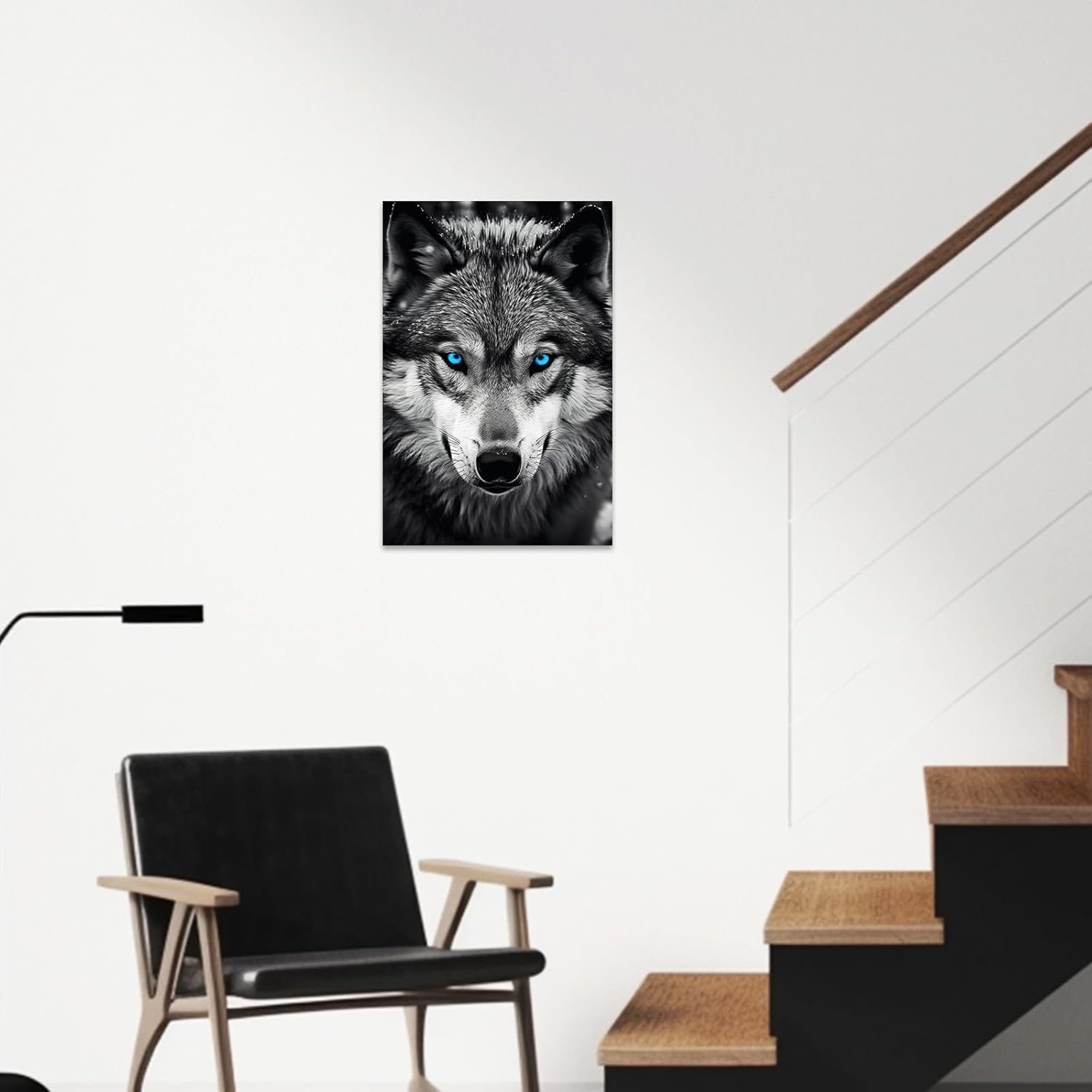 ZXHYWYM Wolf with Blue Eyes Wall Art Black and White Animal Canvas Painting Wildlife Picture Wall Decor Framed Animal Head Artwork Print for Home Office (D, (12.00" x 18.00"))