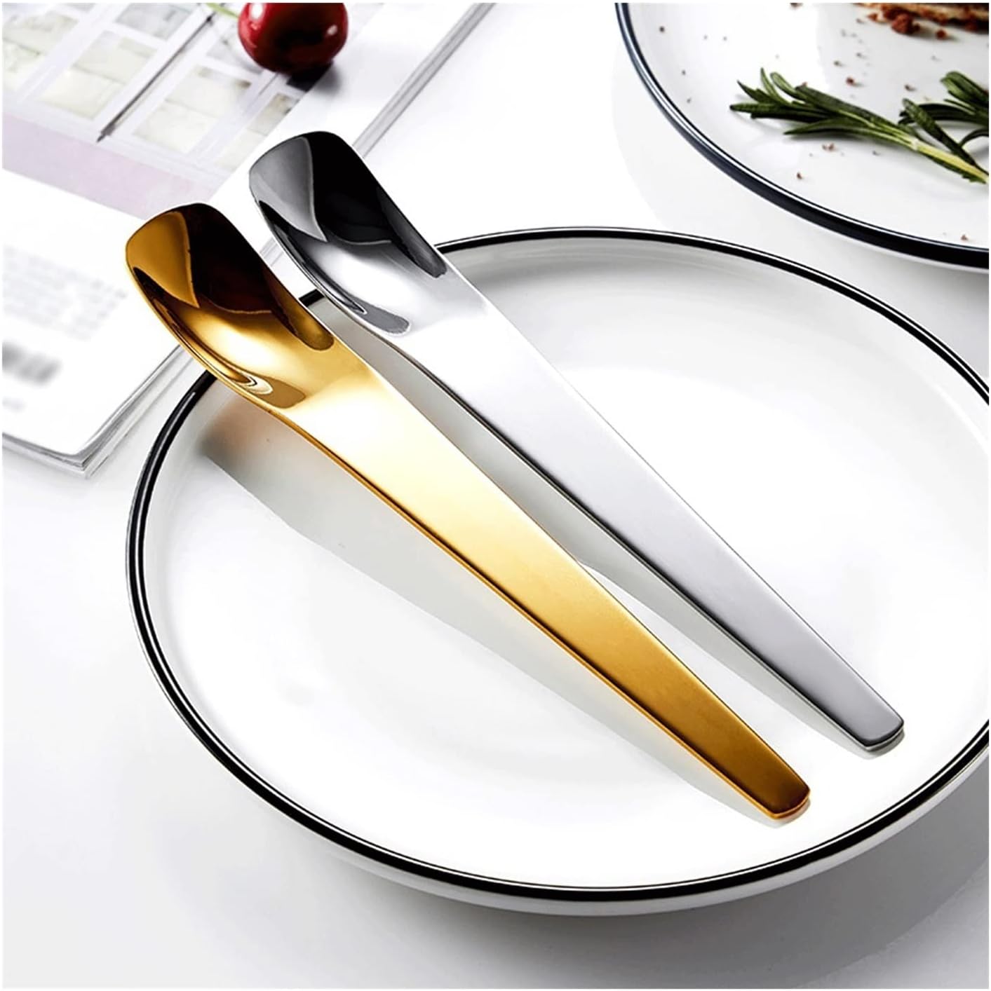 Stainless Steel Soup Spoon Dessert Spoon Cake Spoon Square Head Spoon Round Head Teaspoon Beautiful Exquisite Spoon Ice Cream Spoon (Golden Brass)