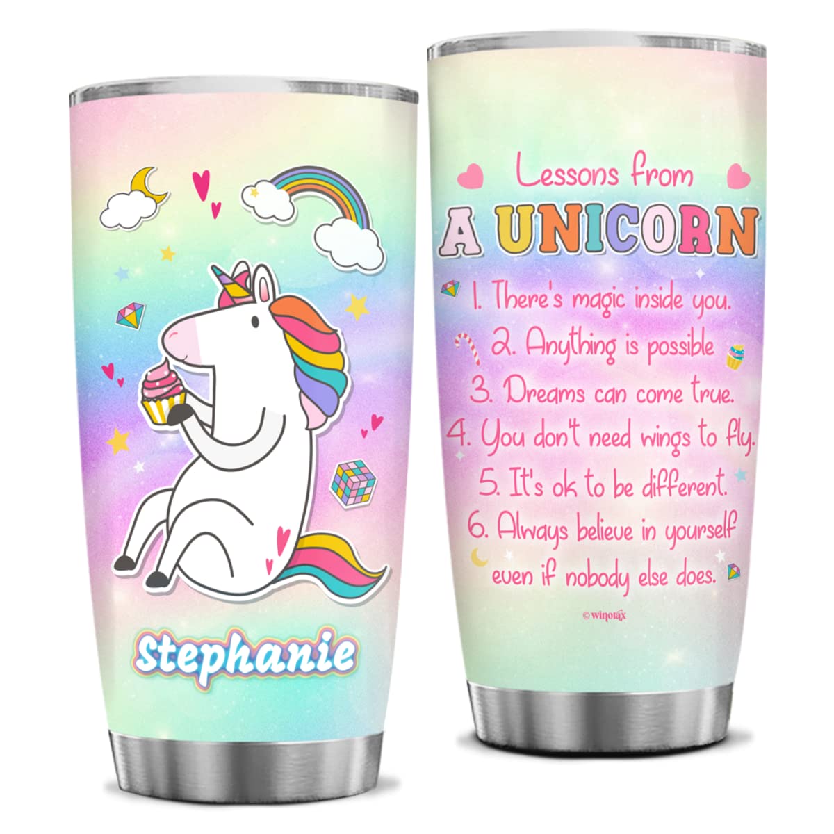 winorax Unicorn Cup Tumbler Unicorns Gifts Personalized Lessons From A Unicorn Tumblers Stainless Steel Insulated Coffee Travel Mug 20oz 30oz Birthday Christmas Inspirational Gifts For Women Girls