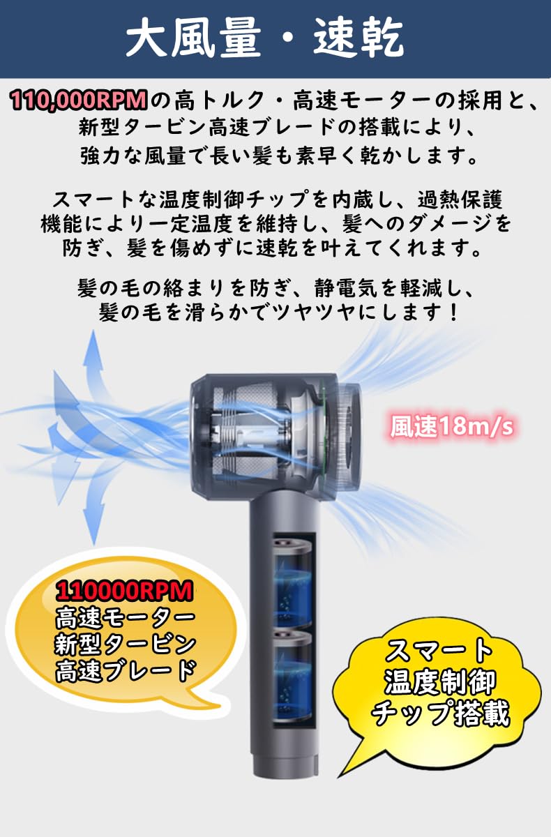 Amazon | P30 コードレスドライヤー 充電式ドライヤー 大風量 速乾 温